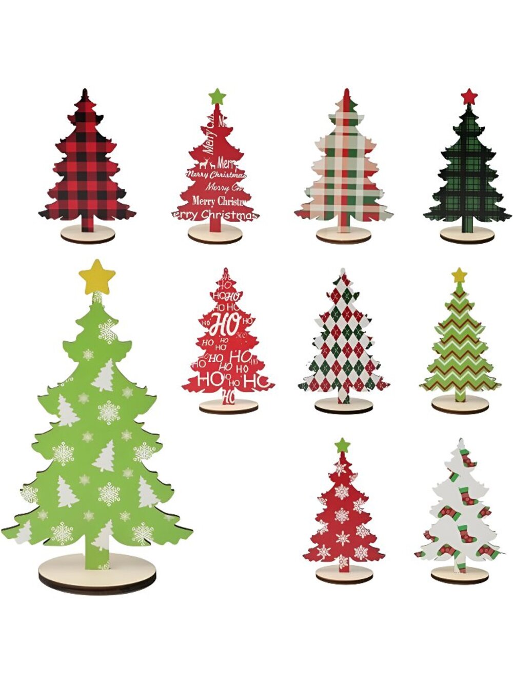 10 Pack Wooden Christmas Tree Tabletop Decor, 7 Inch 6 Inch Red and Green Plaid